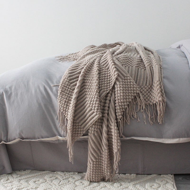 Chunky Knit Throw Blanket Polyester | Textured Popcorn Knit with Fringe Tassel Trim | Soft Cover for Sofa, Bed &amp; Armchair