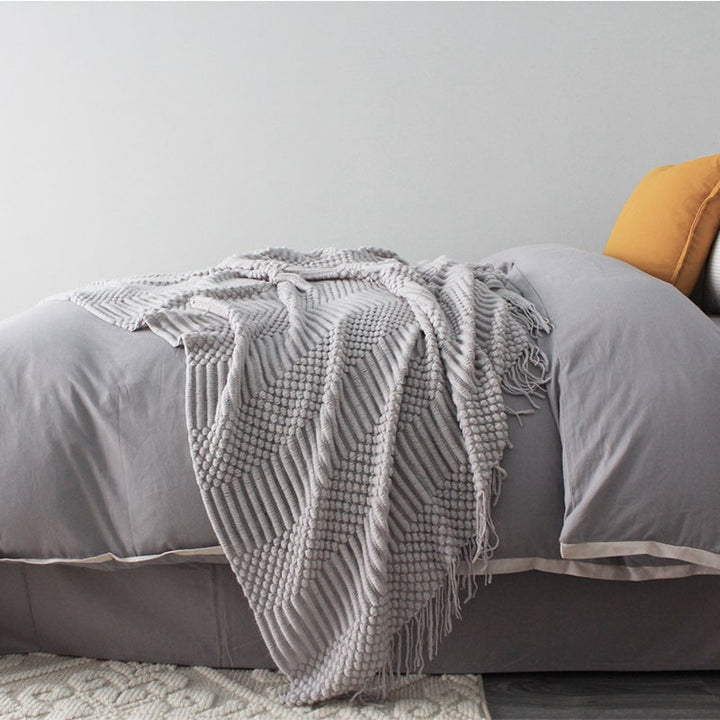 Chunky Knit Throw Blanket Polyester | Textured Popcorn Knit with Fringe Tassel Trim | Soft Cover for Sofa, Bed &amp; Armchair