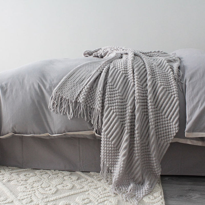 Chunky Knit Throw Blanket Polyester | Textured Popcorn Knit with Fringe Tassel Trim | Soft Cover for Sofa, Bed &amp; Armchair