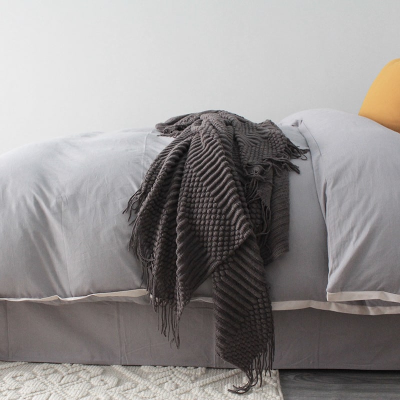Chunky Knit Throw Blanket Polyester | Textured Popcorn Knit with Fringe Tassel Trim | Soft Cover for Sofa, Bed &amp; Armchair