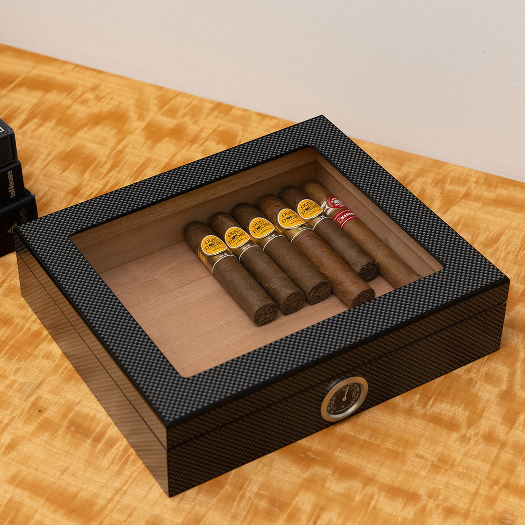 Cigar Humidor | Glass-Top Cedar-Lined Storage Box with Hygrometer