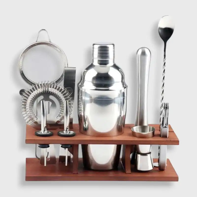 Cocktail Set with Wooden Stand | Stainless Steel Bartender Kit with Shaker and Strainers