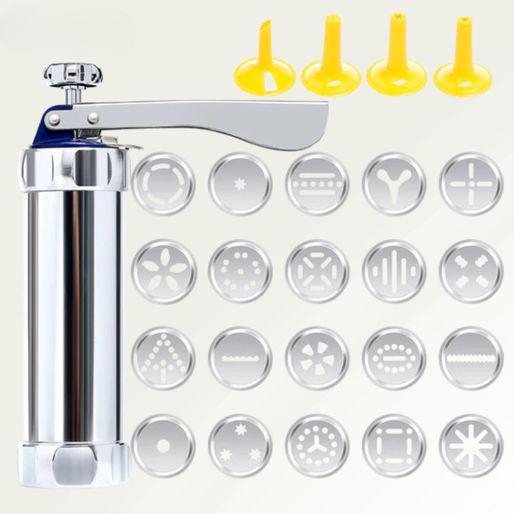 Cookie Press Mould Set Aluminium | 20 Templates &amp; 4 Piping Nozzles | Adjustable Size Dial for Uniform, Evenly Portioned Cookies