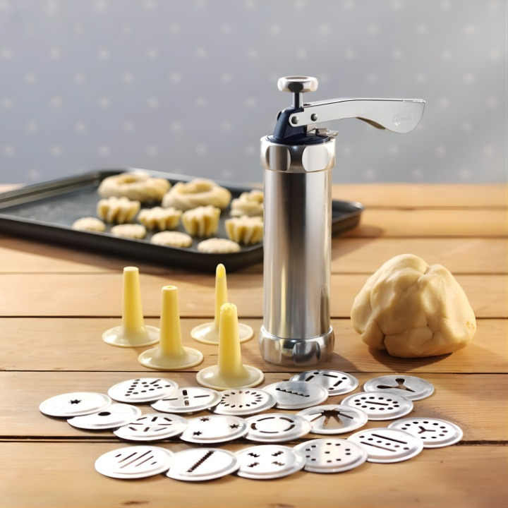 Cookie Press Mould Set Aluminium | 20 Templates &amp; 4 Piping Nozzles | Adjustable Size Dial for Uniform, Evenly Portioned Cookies
