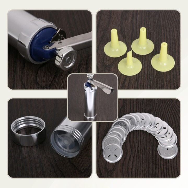 Cookie Press Mould Set Aluminium | 20 Templates &amp; 4 Piping Nozzles | Adjustable Size Dial for Uniform, Evenly Portioned Cookies