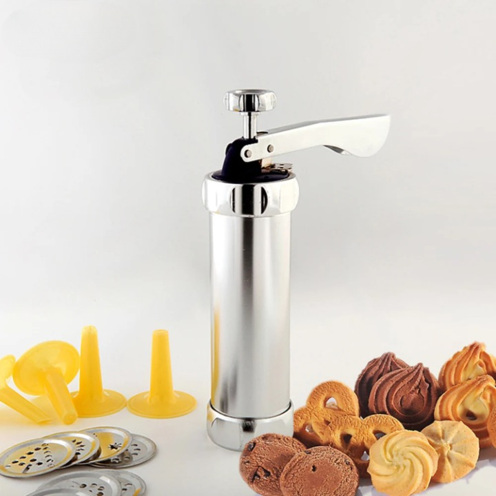 Cookie Press Mould Set Aluminium | 20 Templates &amp; 4 Piping Nozzles | Adjustable Size Dial for Uniform, Evenly Portioned Cookies