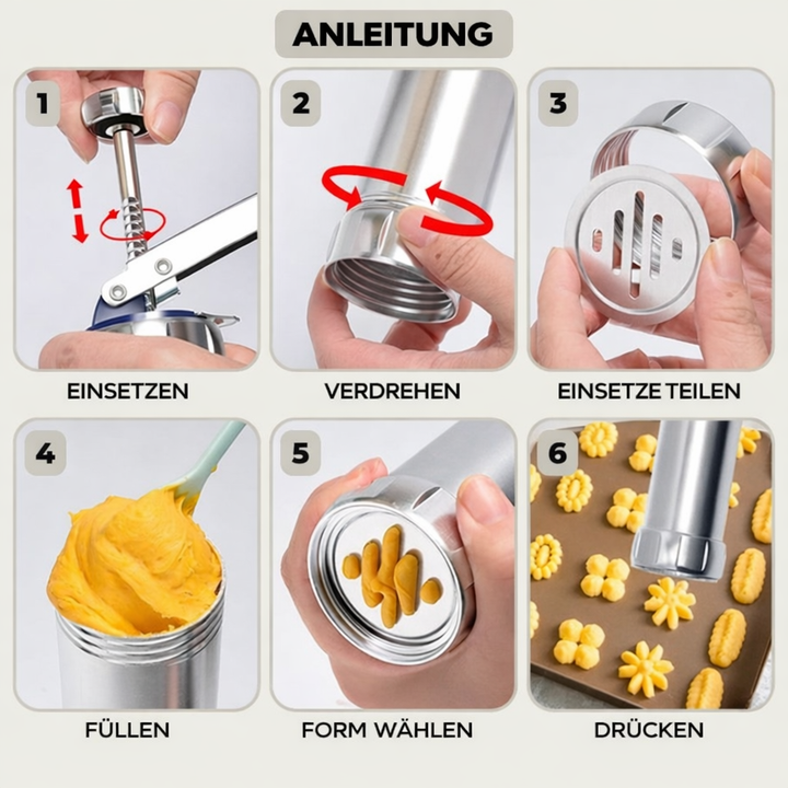 Cookie Press Mould Set Aluminium | 20 Templates &amp; 4 Piping Nozzles | Adjustable Size Dial for Uniform, Evenly Portioned Cookies