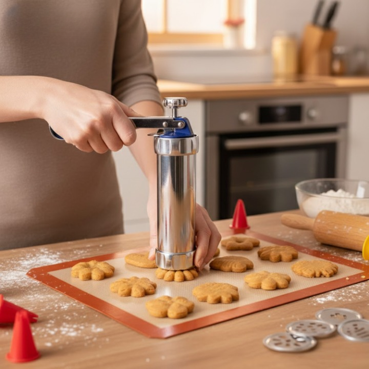 Cookie Press Mould Set Aluminium | 20 Templates & 4 Piping Nozzles | Adjustable Size Dial for Uniform, Evenly Portioned Cookies