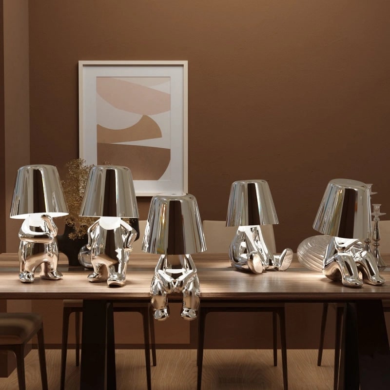 Cordless Figure Table Lamp Metal Finish | Gold or Silver, Sitting &amp; Standing Poses | USB Rechargeable LED Touch Control