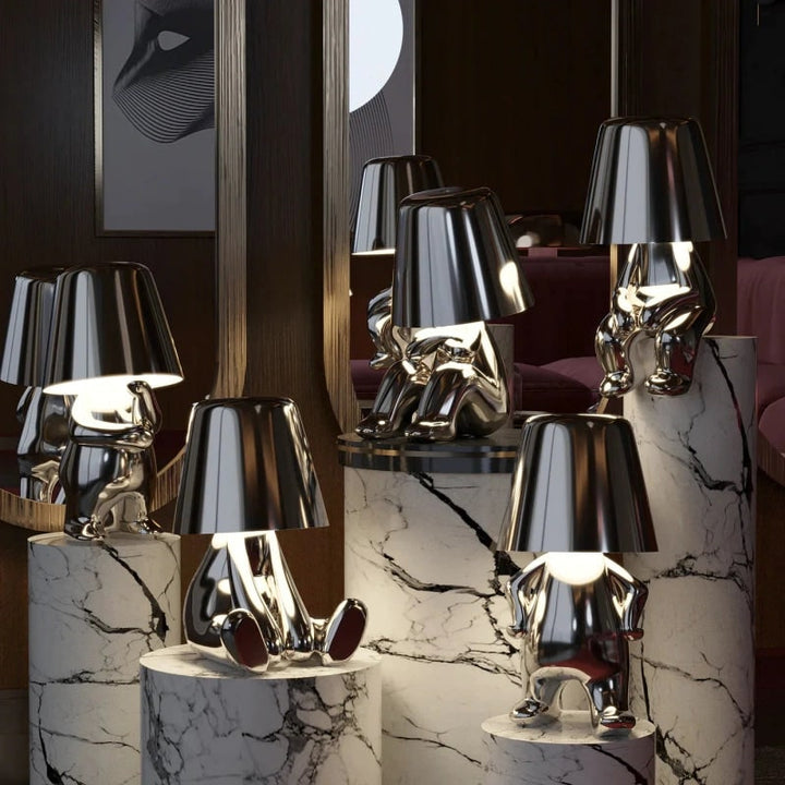 Cordless Figure Table Lamp Metal Finish | Gold or Silver, Sitting &amp; Standing Poses | USB Rechargeable LED Touch Control