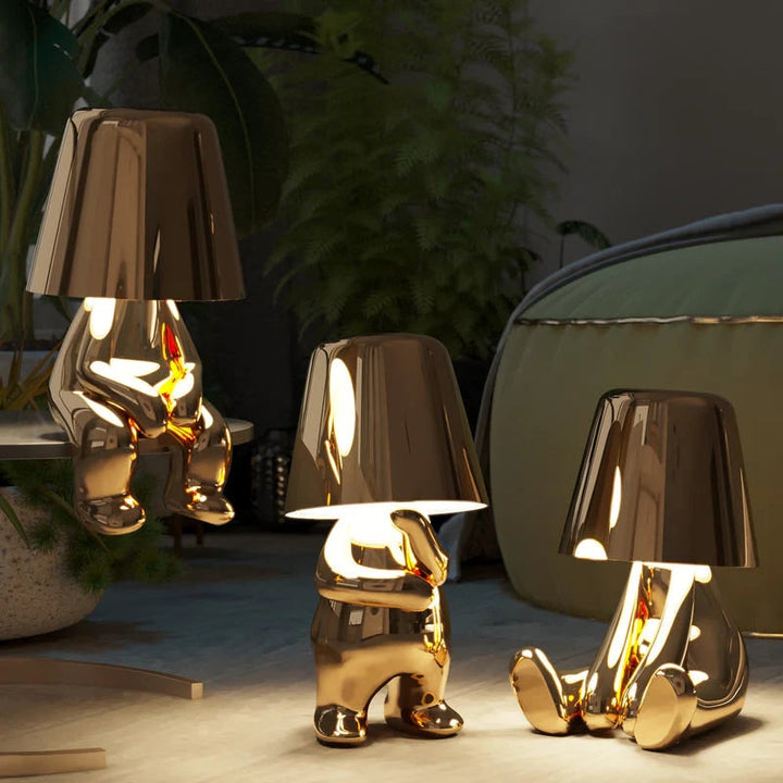 Cordless Figure Table Lamp Metal Finish | Gold or Silver, Sitting &amp; Standing Poses | USB Rechargeable LED Touch Control
