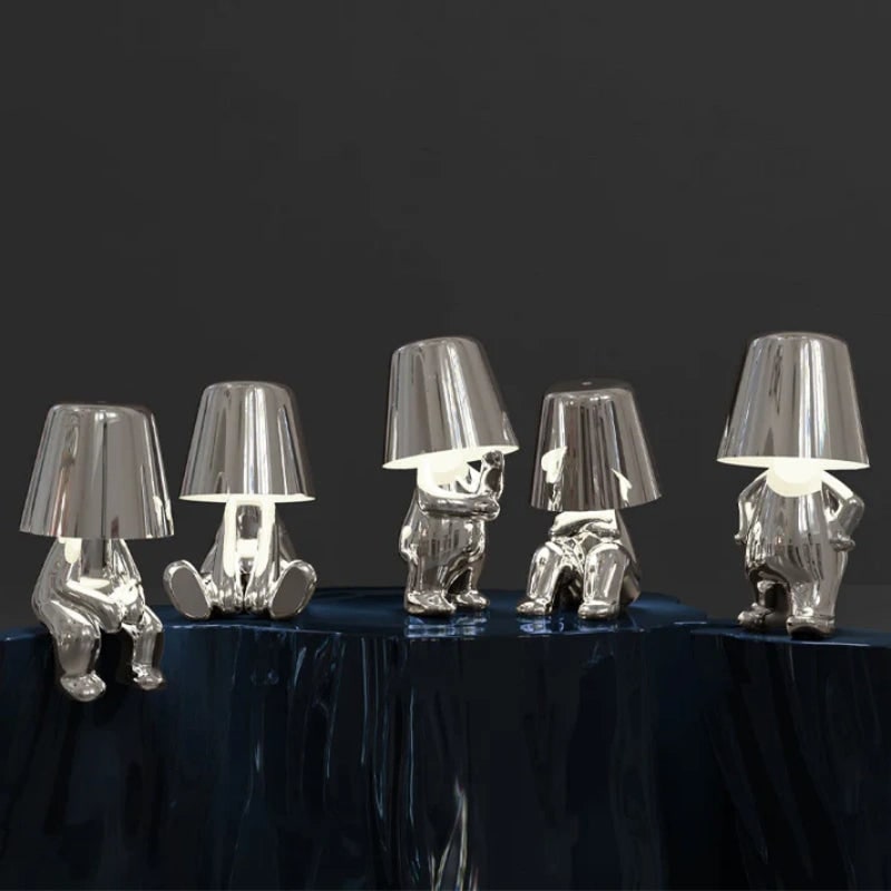 Cordless Figure Table Lamp Metal Finish | Gold or Silver, Sitting &amp; Standing Poses | USB Rechargeable LED Touch Control