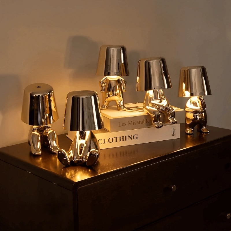 Cordless Figure Table Lamp Metal Finish | Gold or Silver, Sitting &amp; Standing Poses | USB Rechargeable LED Touch Control