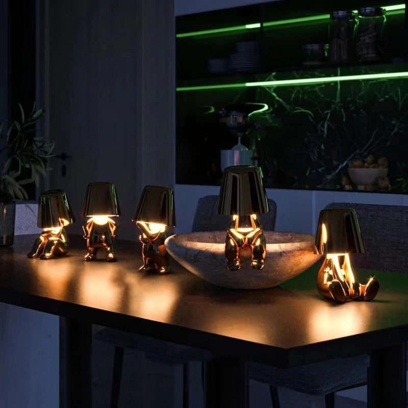 Cordless Figure Table Lamp Metal Finish | Gold or Silver, Sitting &amp; Standing Poses | USB Rechargeable LED Touch Control