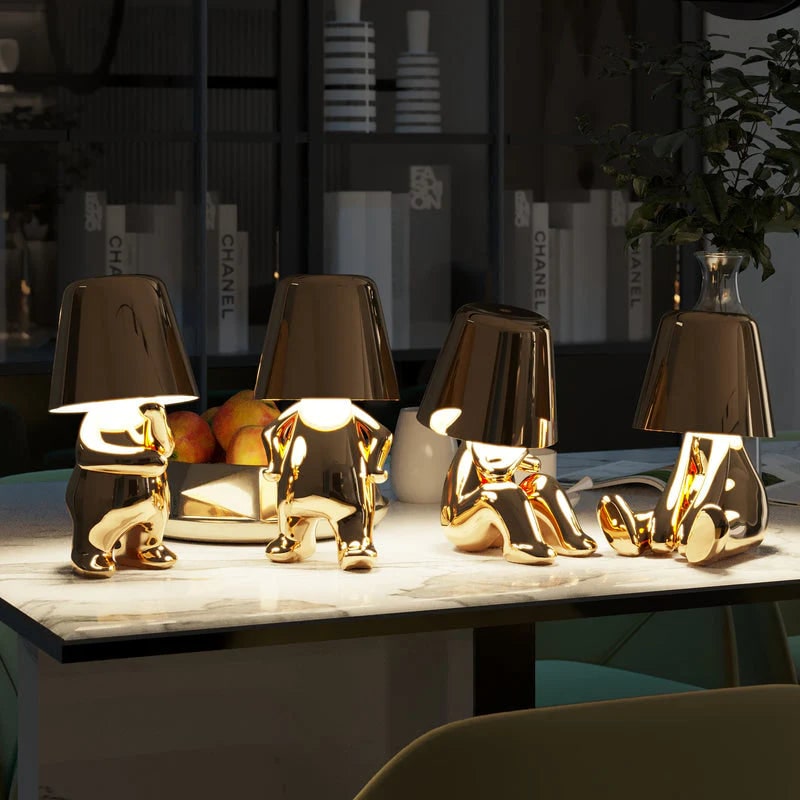 Cordless Figure Table Lamp Metal Finish | Gold or Silver, Sitting &amp; Standing Poses | USB Rechargeable LED Touch Control