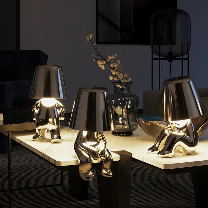 Cordless Figure Table Lamp Metal Finish | Gold or Silver, Sitting &amp; Standing Poses | USB Rechargeable LED Touch Control