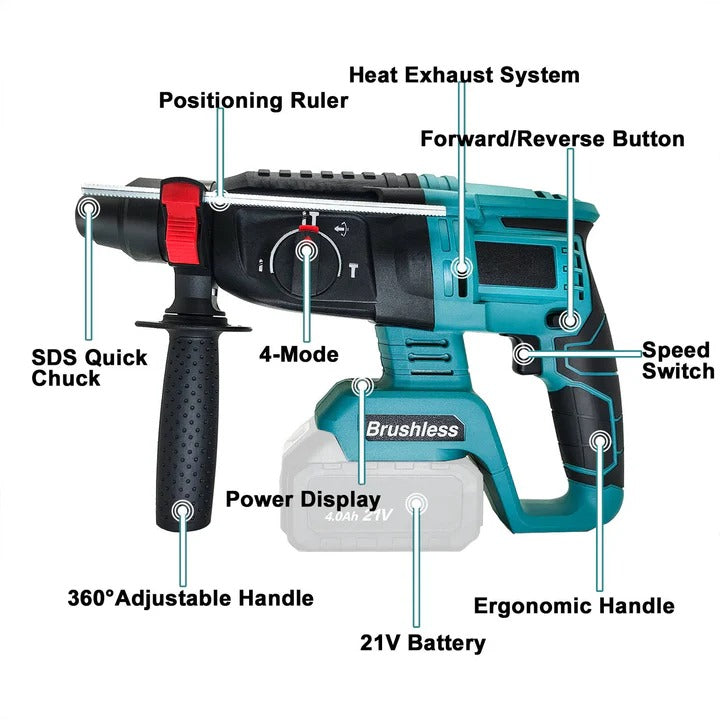 Cordless Rotary Hammer Drill Brushless 4 Mode Rapid Charge