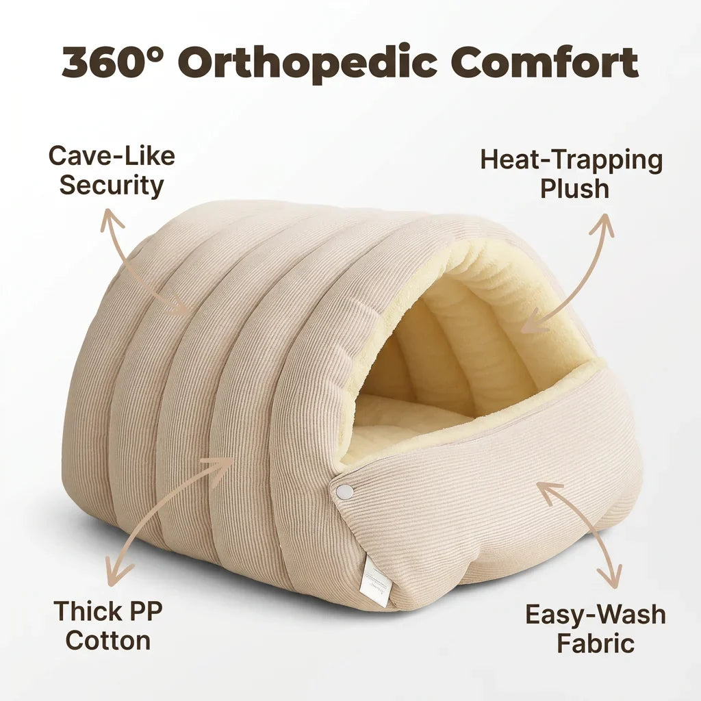 Covered Pet Cave Bed with Plush Fleece Lining | Orthopedic Cotton Cushioning | Warm Enclosed Retreat for Cats and Dogs