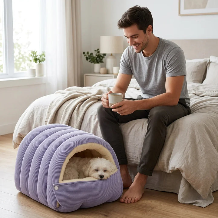 Covered Pet Cave Bed with Plush Fleece Lining | Orthopedic Cotton Cushioning | Warm Enclosed Retreat for Cats and Dogs