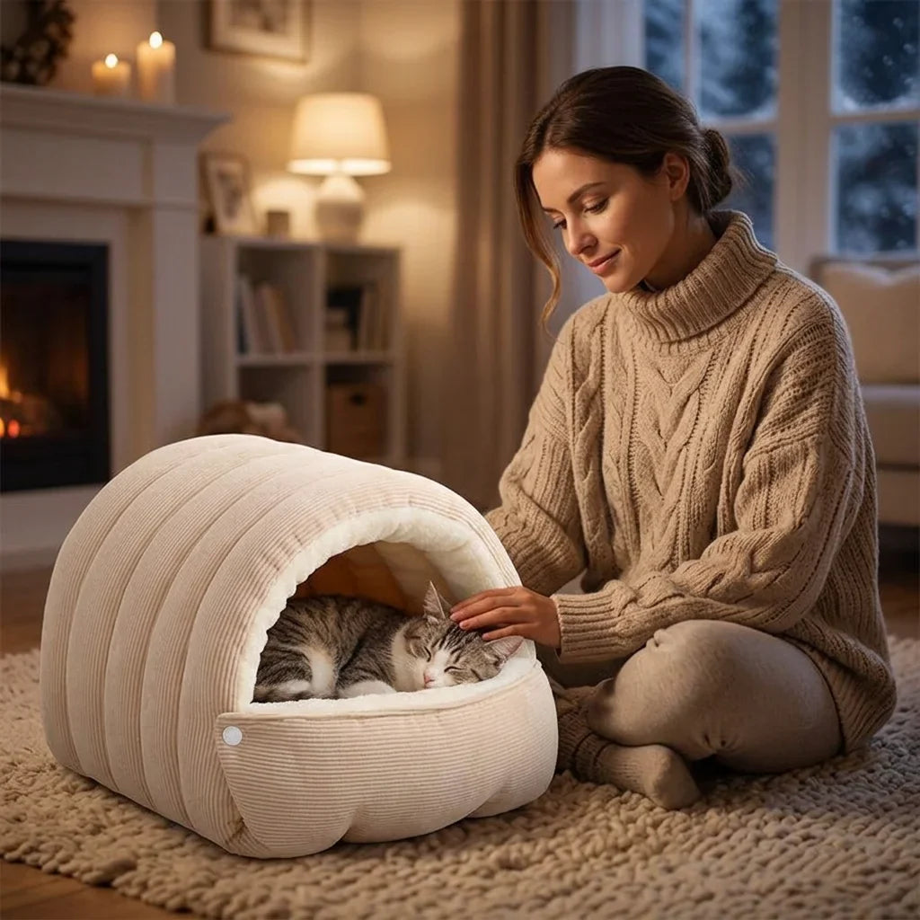 Covered Pet Cave Bed with Plush Fleece Lining | Orthopedic Cotton Cushioning | Warm Enclosed Retreat for Cats and Dogs