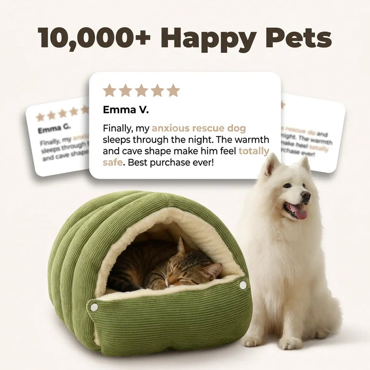Covered Pet Cave Bed with Plush Fleece Lining | Orthopedic Cotton Cushioning | Warm Enclosed Retreat for Cats and Dogs