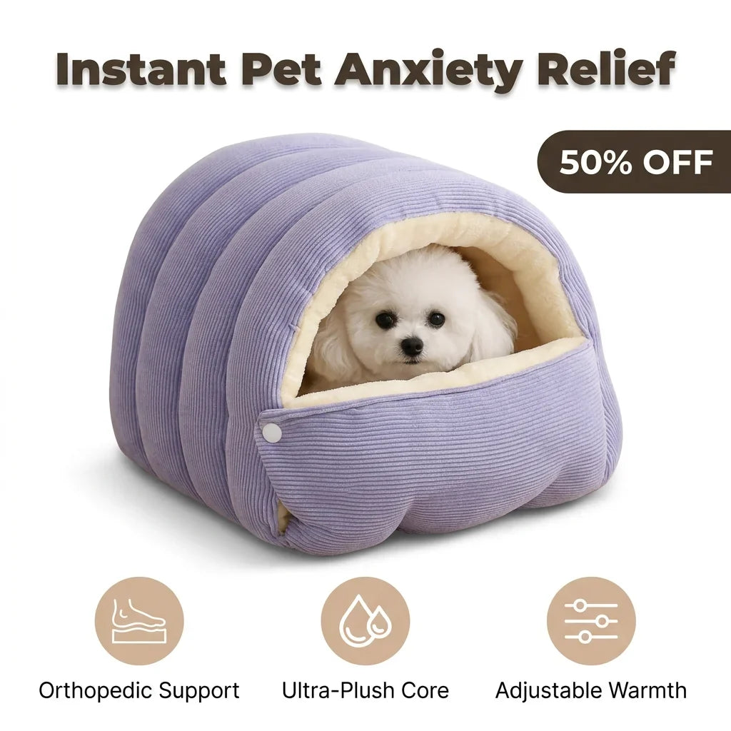 Covered Pet Cave Bed with Plush Fleece Lining | Orthopedic Cotton Cushioning | Warm Enclosed Retreat for Cats and Dogs
