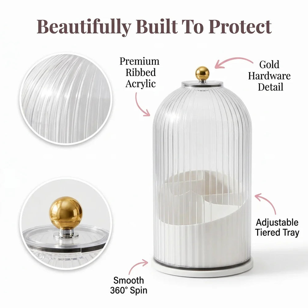 Covered Toothbrush Holder Vanity Organiser | 360-Degree Rotating Tray & Sealed Dust-Proof Dome | Holds 7 Bathroom Accessories