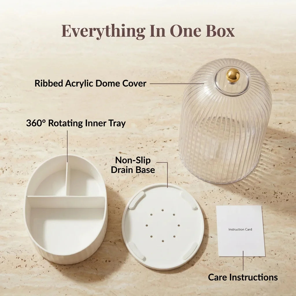 Covered Toothbrush Holder Vanity Organiser | 360-Degree Rotating Tray &amp; Sealed Dust-Proof Dome | Holds 7 Bathroom Accessories
