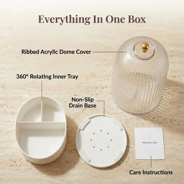 Covered Toothbrush Holder Vanity Organiser | 360-Degree Rotating Tray &amp; Sealed Dust-Proof Dome | Holds 7 Bathroom Accessories