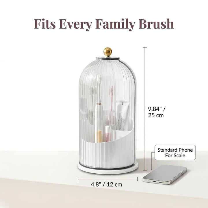 Covered Toothbrush Holder Vanity Organiser | 360-Degree Rotating Tray &amp; Sealed Dust-Proof Dome | Holds 7 Bathroom Accessories