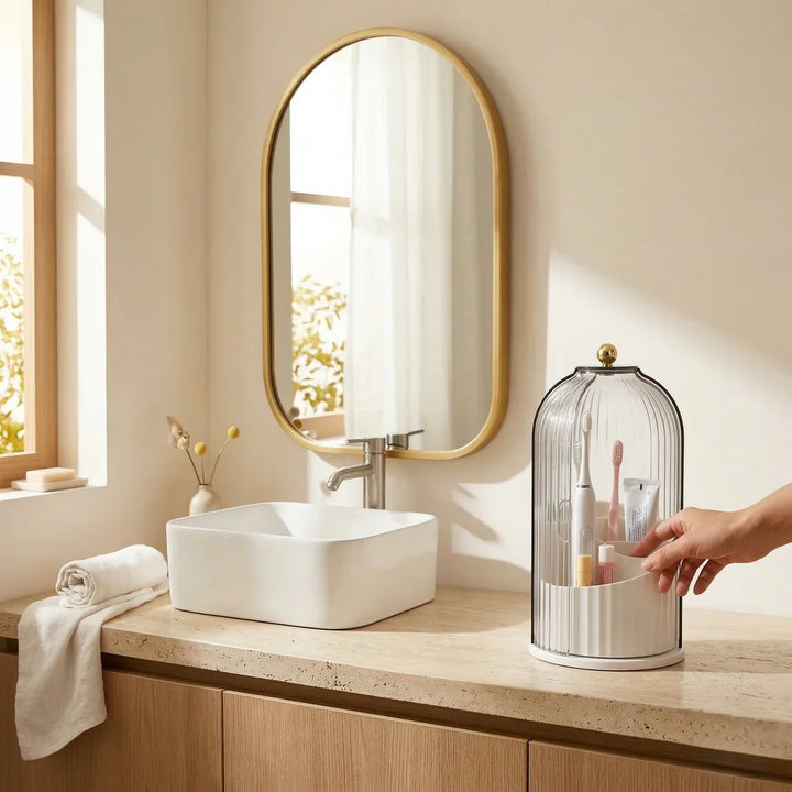 Covered Toothbrush Holder Vanity Organiser | 360-Degree Rotating Tray &amp; Sealed Dust-Proof Dome | Holds 7 Bathroom Accessories