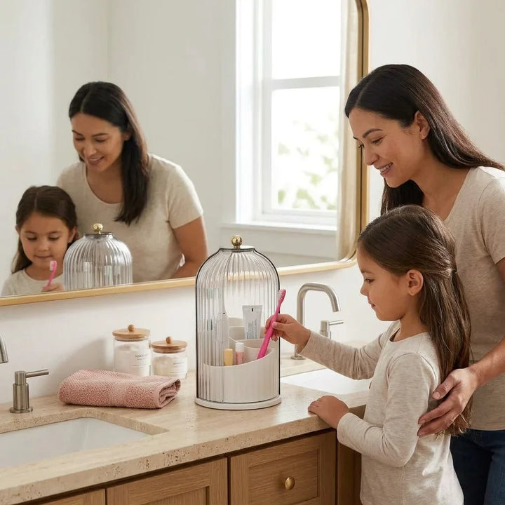 Covered Toothbrush Holder Vanity Organiser | 360-Degree Rotating Tray &amp; Sealed Dust-Proof Dome | Holds 7 Bathroom Accessories
