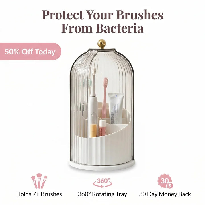 Covered Toothbrush Holder Vanity Organiser | 360-Degree Rotating Tray &amp; Sealed Dust-Proof Dome | Holds 7 Bathroom Accessories