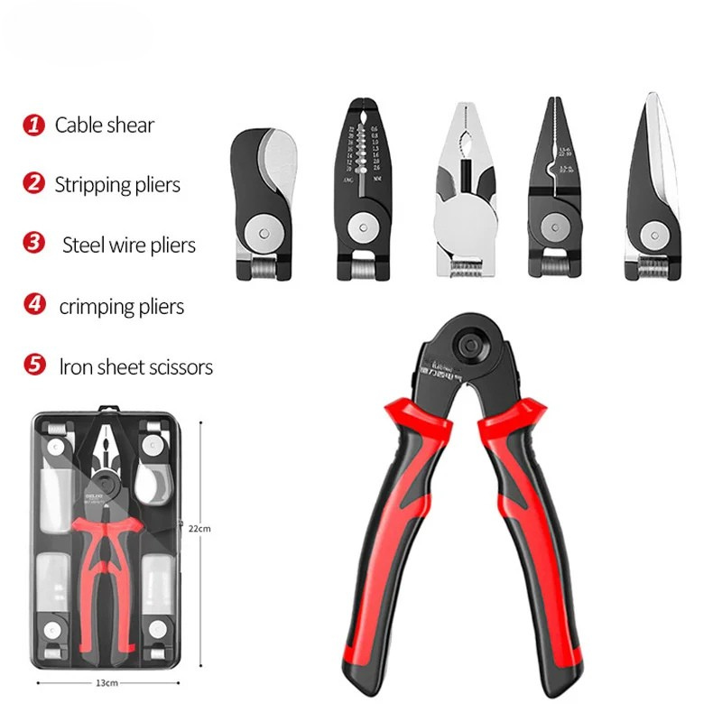 Crimping Pliers Set 5-in-1 | Interchangeable Heads for Stripping, Cutting &amp; Crimping | Chrome Vanadium Steel Build