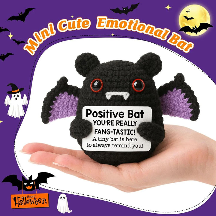 Crochet Bat Doll Halloween Decor | Includes Encouragement Card | Knitted Design for Desk, Shelf or Seasonal Display