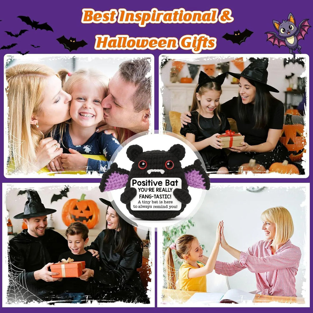 Crochet Bat Doll Halloween Decor | Includes Encouragement Card | Knitted Design for Desk, Shelf or Seasonal Display
