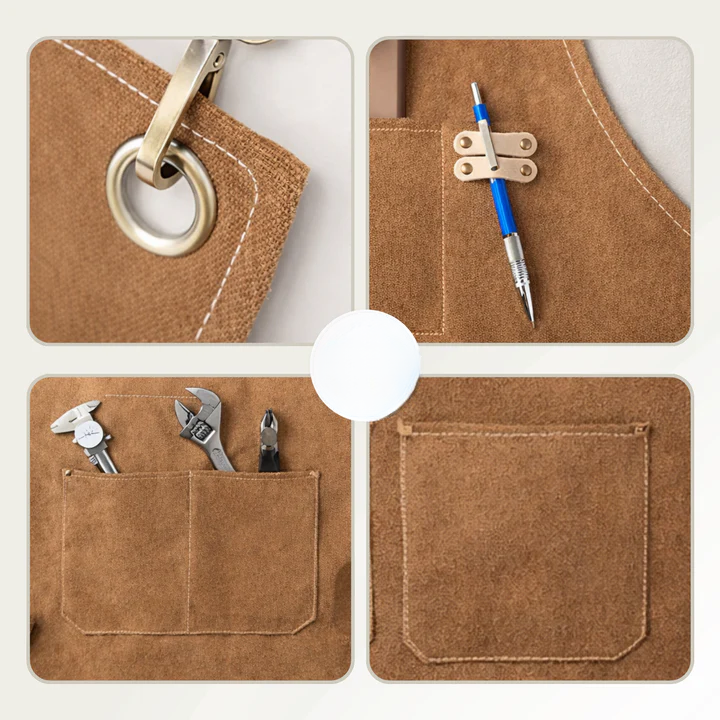 Cross-Back Work Apron Canvas Multi-Pocket Reinforced with Brass Buckles