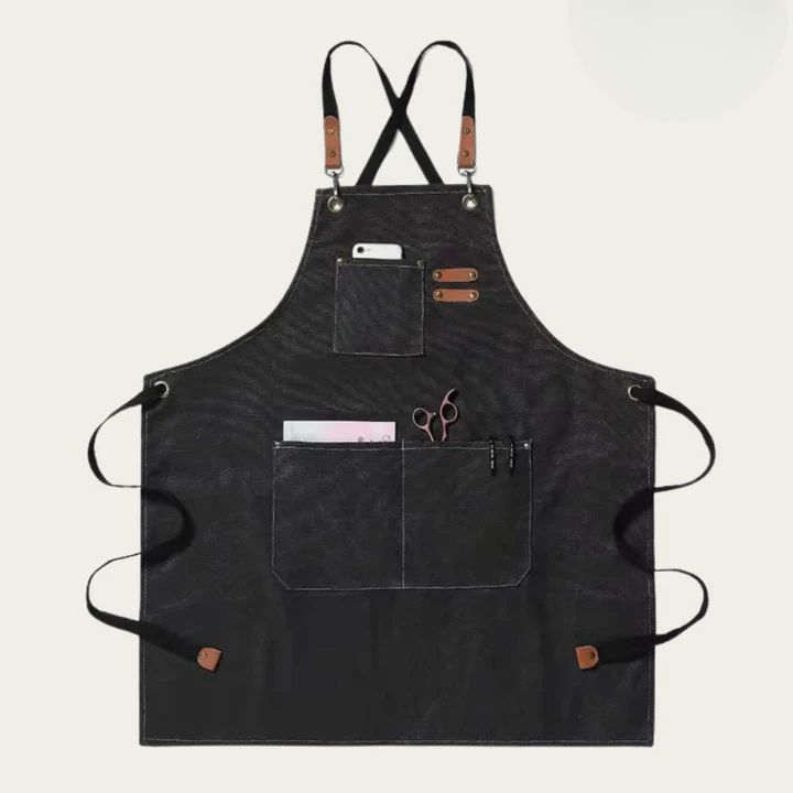Cross-Back Work Apron Canvas Multi-Pocket Reinforced with Brass Buckles
