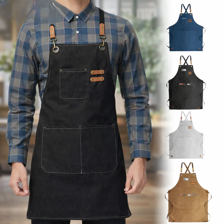 Cross-Back Work Apron Canvas Multi-Pocket Reinforced with Brass Buckles