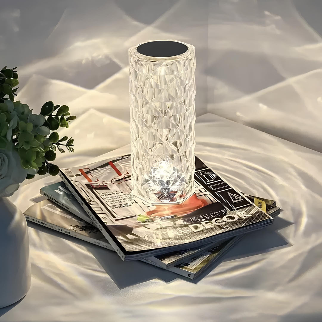 Crystal Table Lamp Faceted Acrylic | Cordless Rechargeable, Touch Control | LED Colour-Changing Ripple Light, Remote Included