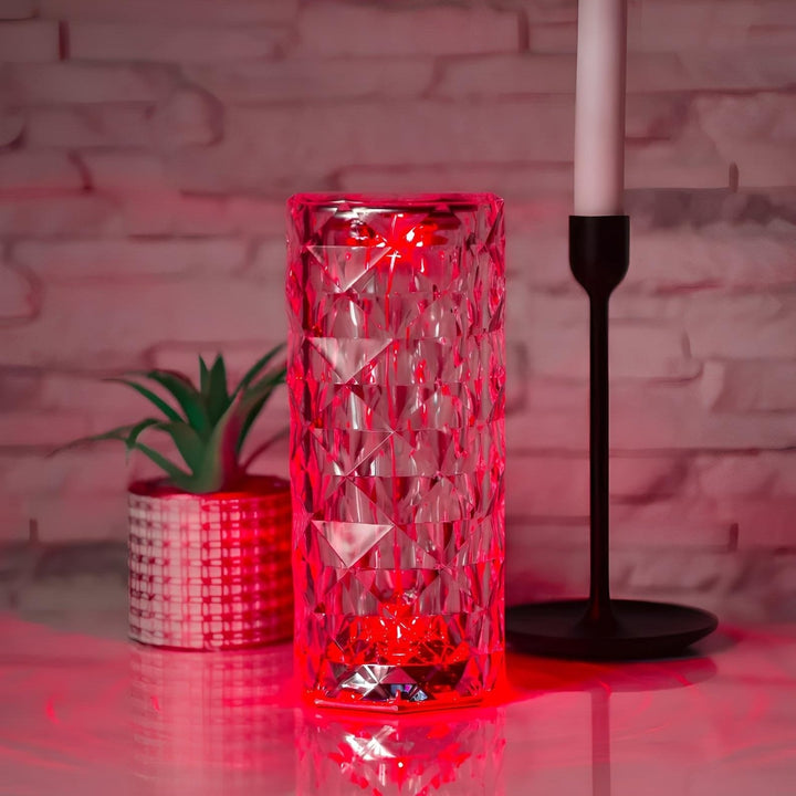 Crystal Table Lamp Faceted Acrylic | Cordless Rechargeable, Touch Control | LED Colour-Changing Ripple Light, Remote Included