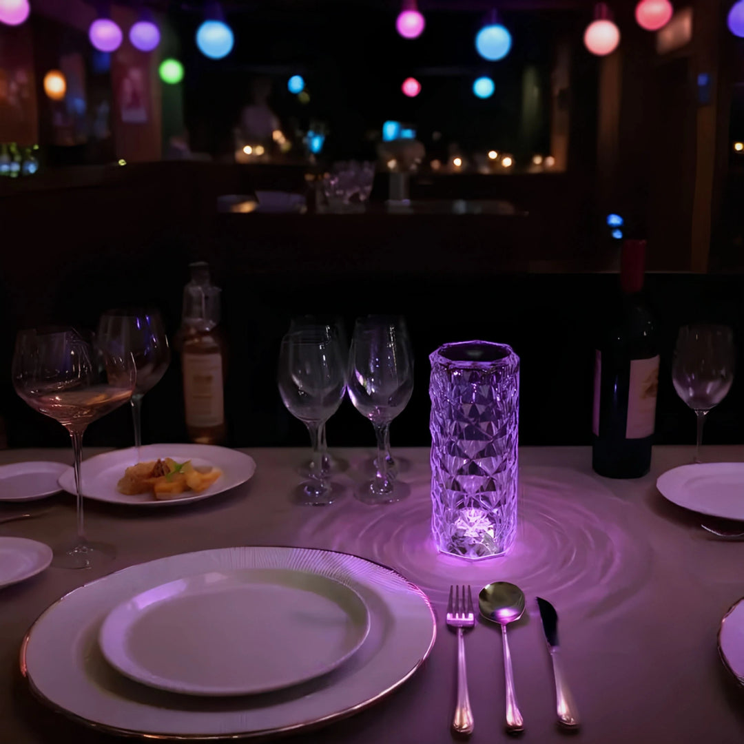 Crystal Table Lamp Faceted Acrylic | Cordless Rechargeable, Touch Control | LED Colour-Changing Ripple Light, Remote Included