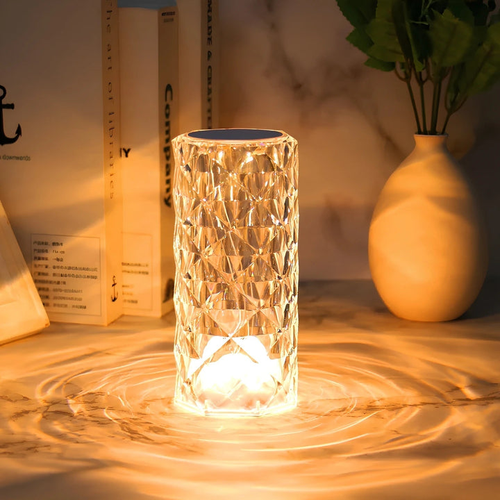 Crystal Table Lamp Faceted Acrylic | Cordless Rechargeable, Touch Control | LED Colour-Changing Ripple Light, Remote Included