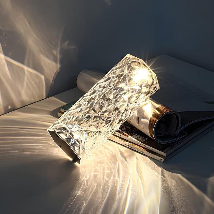 Crystal Table Lamp Faceted Acrylic | Cordless Rechargeable, Touch Control | LED Colour-Changing Ripple Light, Remote Included