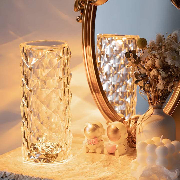 Crystal Table Lamp Faceted Acrylic | Cordless Rechargeable, Touch Control | LED Colour-Changing Ripple Light, Remote Included