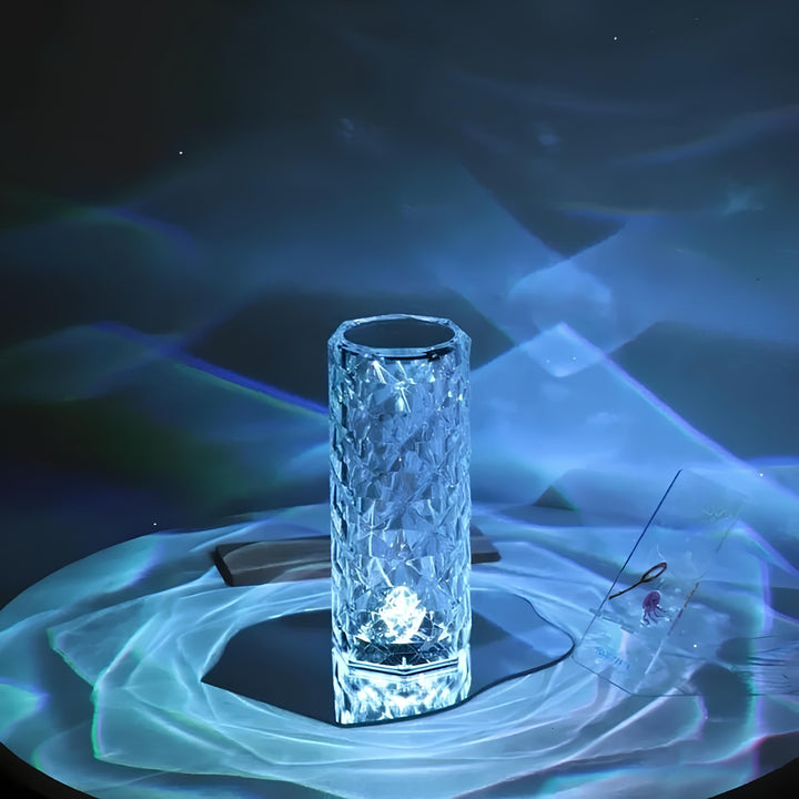 Crystal Table Lamp Faceted Acrylic | Cordless Rechargeable, Touch Control | LED Colour-Changing Ripple Light, Remote Included