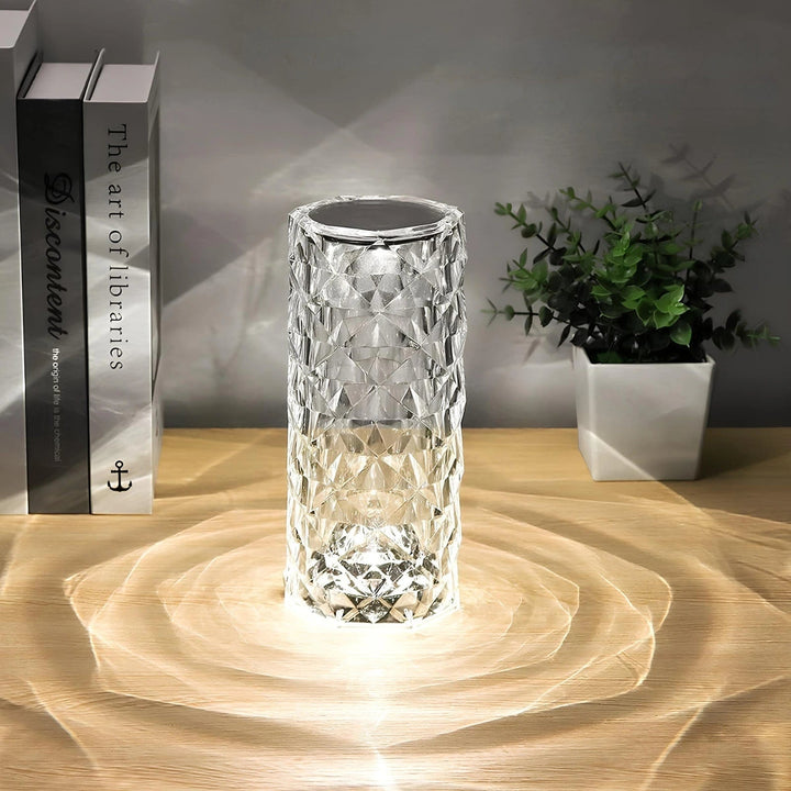 Crystal Table Lamp Faceted Acrylic | Cordless Rechargeable, Touch Control | LED Colour-Changing Ripple Light, Remote Included