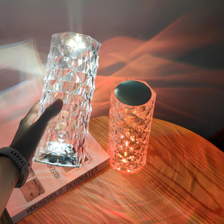 Crystal Table Lamp Faceted Acrylic | Cordless Rechargeable, Touch Control | LED Colour-Changing Ripple Light, Remote Included