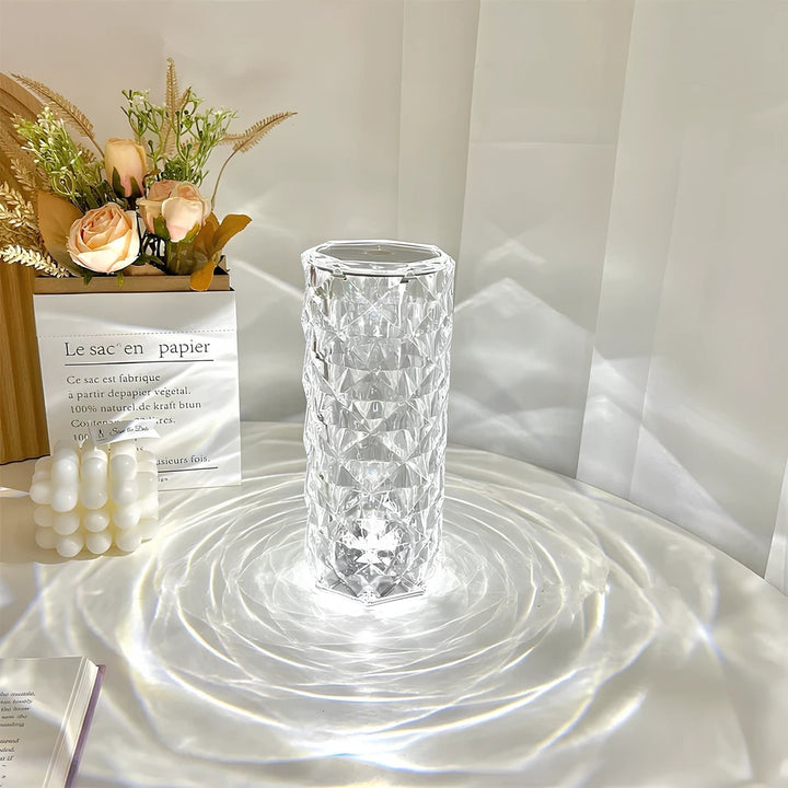 Crystal Table Lamp Faceted Acrylic | Cordless Rechargeable, Touch Control | LED Colour-Changing Ripple Light, Remote Included