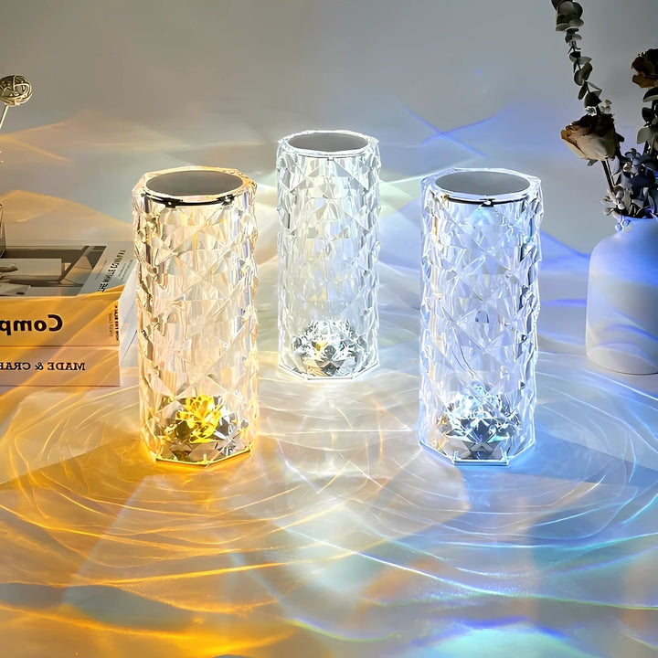 Crystal Table Lamp Faceted Acrylic | Cordless Rechargeable, Touch Control | LED Colour-Changing Ripple Light, Remote Included